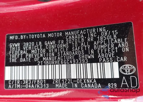 2016 Toyota Corolla Le Plus z USA, uszkodzony, nr VIN 2T1BURHE6GC493393
